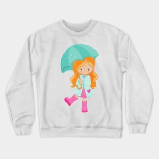 Girl With Umbrella, Girl In Raincoat, Orange Hair Crewneck Sweatshirt